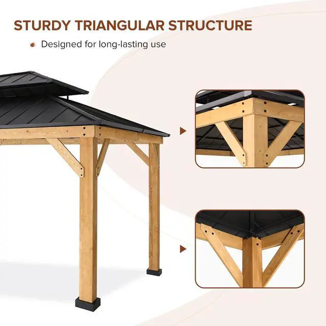 Alt view image 5 of 7 - 11x13 Hardtop Gazebo, Glavanized Steel Double Roof with Cedar Wood Frame, Outdoor Pavilion for Patio, Deck, Lawn and Garden, Natural Wood/Black