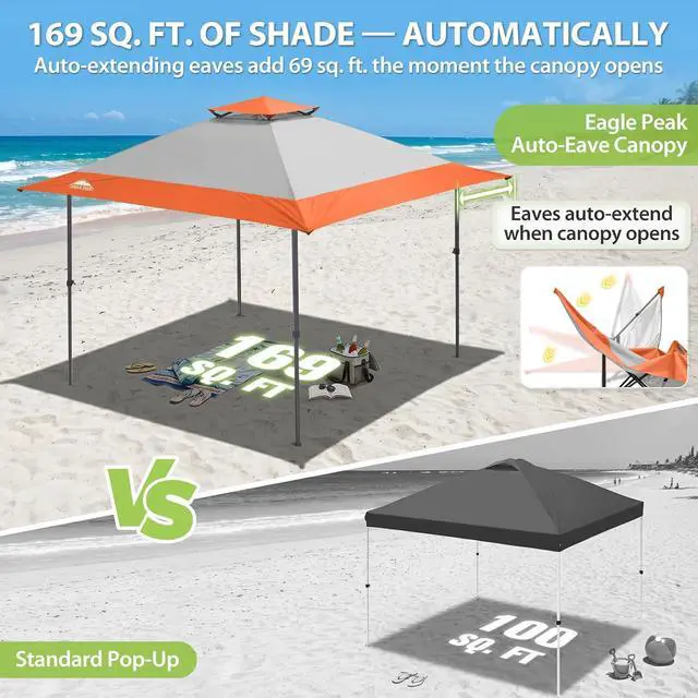 Alt view image 4 of 7 - 13x13 Straight Leg Pop Up Canopy Tent Instant Outdoor Canopy Easy Single Person Set up Folding Shelter w/Auto Extending Eaves 169 Square Feet of Shade (Orange)