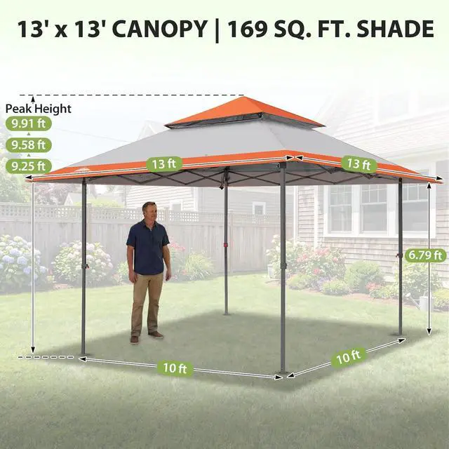 Alt view image 3 of 7 - 13x13 Straight Leg Pop Up Canopy Tent Instant Outdoor Canopy Easy Single Person Set up Folding Shelter w/Auto Extending Eaves 169 Square Feet of Shade (Orange)