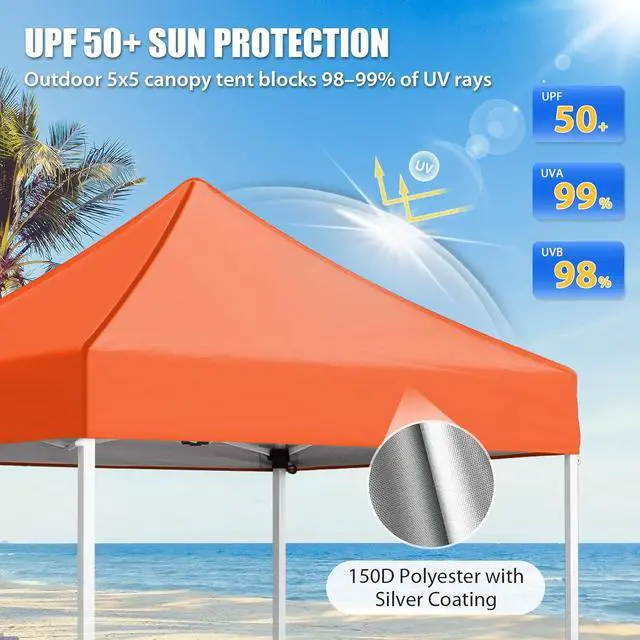 Alt view image 2 of 7 - 5x5 Pop Up Canopy Tent Instant Outdoor Canopy Easy Set-up Straight Leg Folding Shelter, Orange
