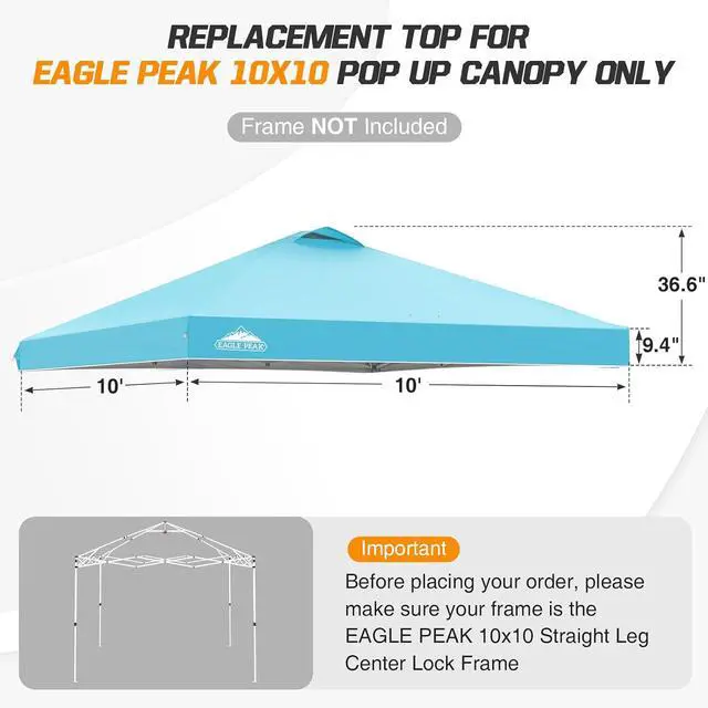 Alt view image 2 of 7 - Replacement Canopy Top for Eagle Peak 10x10 Straight Leg Pop Up Canopy Frame Only, Canopy Cover with Air Vent, UPF 50+, Frame NOT Included, Light Blue