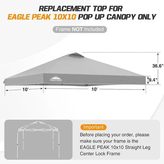 Alt view image 2 of 7 - Replacement Canopy Top for Eagle Peak 10x10 Straight Leg Pop Up Canopy Frame Only, Canopy Cover with Air Vent, UPF 50+, Frame NOT Included, Light Gray