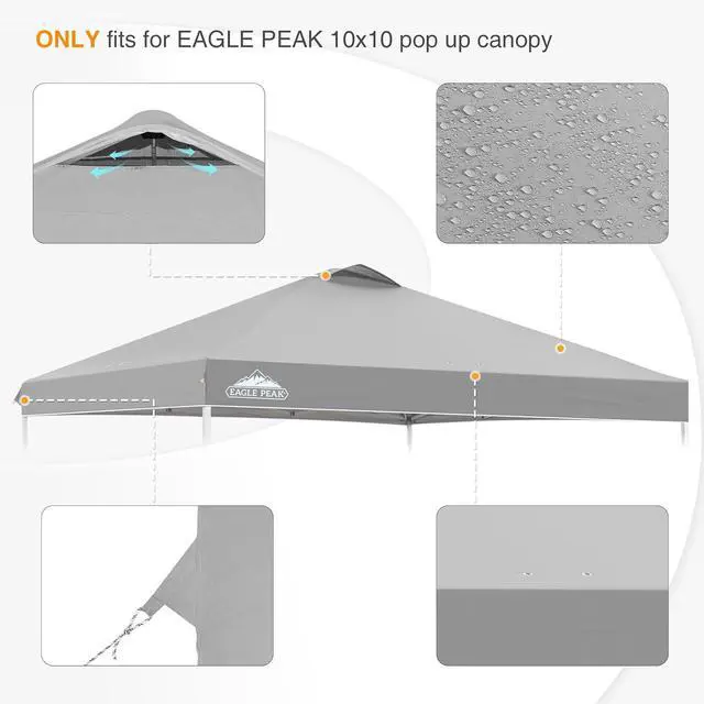Alt view image 4 of 7 - Replacement Canopy Top for Eagle Peak 10x10 Straight Leg Pop Up Canopy Frame Only, Canopy Cover with Air Vent, UPF 50+, Frame NOT Included, Light Gray