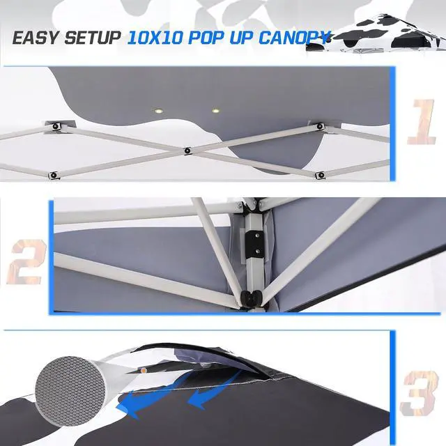 Alt view image 7 of 7 - Pop Up Canopy Tent with Wheeled Carry Bag, 8 Stakes, 4 Ropes, 4 Weight Bags, Easy Set Up Tent Canopy, 10x10 ft, 100sqft of Shade, Cow Print