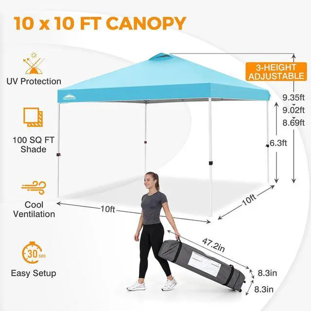 Alt view image 3 of 7 - Pop Up Canopy Tent with Wheeled Carry Bag, 8 Stakes, 4 Ropes, 4 Weight Bags, Easy Set Up Tent Canopy, 10x10 ft, 100sqft of Shade, Light Blue