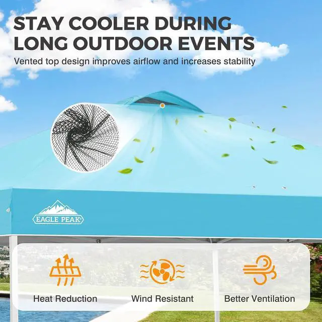 Alt view image 2 of 7 - Pop Up Canopy Tent with Wheeled Carry Bag, 8 Stakes, 4 Ropes, 4 Weight Bags, Easy Set Up Tent Canopy, 10x10 ft, 100sqft of Shade, Light Blue