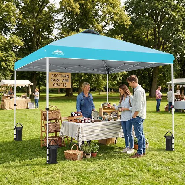 Alt view image 5 of 7 - Pop Up Canopy Tent with Wheeled Carry Bag, 8 Stakes, 4 Ropes, 4 Weight Bags, Easy Set Up Tent Canopy, 10x10 ft, 100sqft of Shade, Light Blue