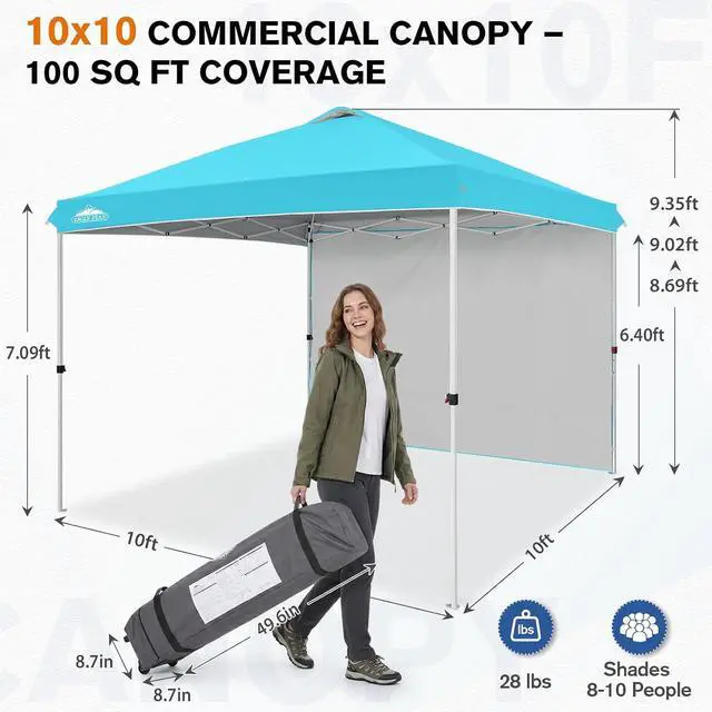 Alt view image 3 of 7 - Commercial Canopy 10x10 Pop Up Canopy Tent with 1 Sidewall, Easy Setup Heavy Duty Instant Event Shelter for Vendors & Markets, Outdoor Sun Shade, Light Blue