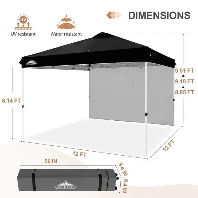 Alt view image 3 of 7 - Commercial Canopy 12x12 Pop Up Canopy Tent with 1 Sidewall, Easy Setup Heavy Duty Instant Event Shelter for Vendors & Markets, Outdoor Sun Shade, Black