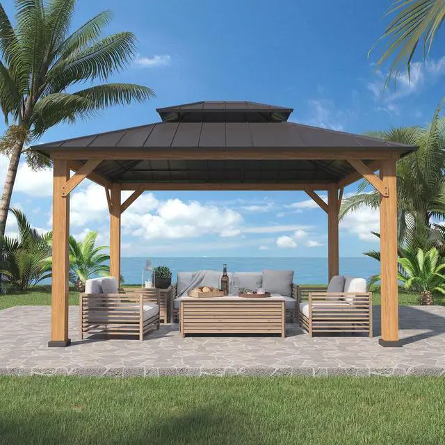Alt view image 6 of 7 - 11x13 Hardtop Gazebo, Glavanized Steel Double Roof with Cedar Wood Frame, Outdoor Pavilion for Patio, Deck, Lawn and Garden, Natural Wood/Black