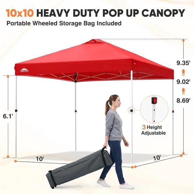 Alt view image 3 of 7 - 10x10 Commercial Pop Up Canopy Tent, Anti-Pooling Umbrella-Rib Roof, Easy 1-Person Setup, Vented Top, Wheeled Bag & Anchor Kit Markets, Festivals & Events, Red