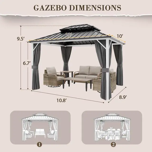 Alt view image 3 of 7 - 12x10 Hardtop Gazebo, Galvanized Steel Double Roof with Aluminum Frame, Outdoor Pavilion with Netting and Curtains for Patio, Deck, Lawn and Garden, White/Gray