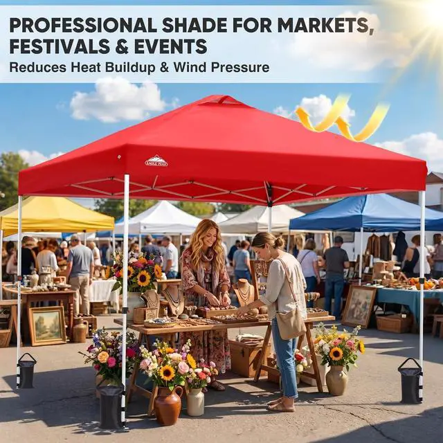 Alt view image 5 of 7 - 10x10 Commercial Pop Up Canopy Tent, Anti-Pooling Umbrella-Rib Roof, Easy 1-Person Setup, Vented Top, Wheeled Bag & Anchor Kit Markets, Festivals & Events, Red