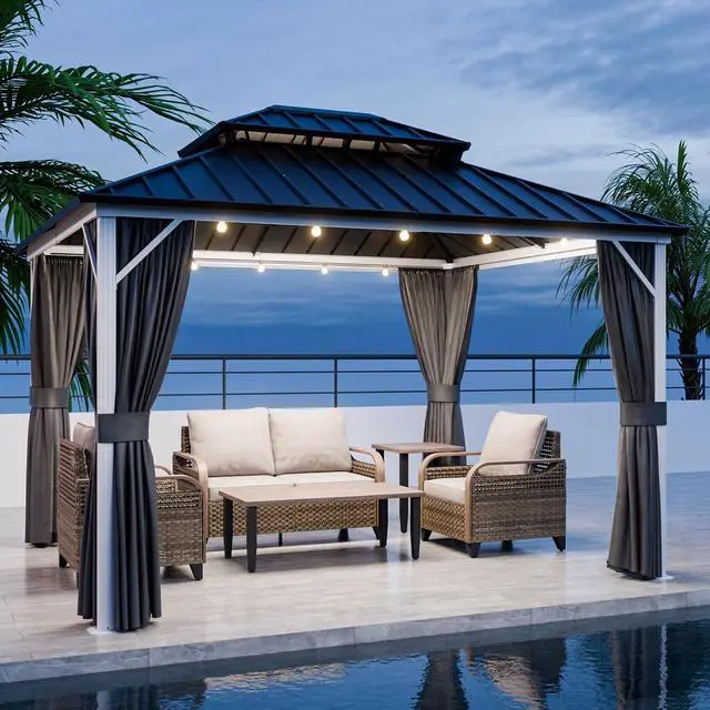 Alt view image 5 of 7 - 12x10 Hardtop Gazebo, Galvanized Steel Double Roof with Aluminum Frame, Outdoor Pavilion with Netting and Curtains for Patio, Deck, Lawn and Garden, White/Gray