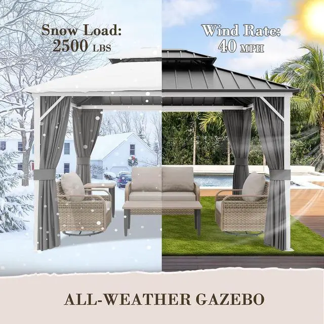 Alt view image 7 of 7 - 12x10 Hardtop Gazebo, Galvanized Steel Double Roof with Aluminum Frame, Outdoor Pavilion with Netting and Curtains for Patio, Deck, Lawn and Garden, White/Gray