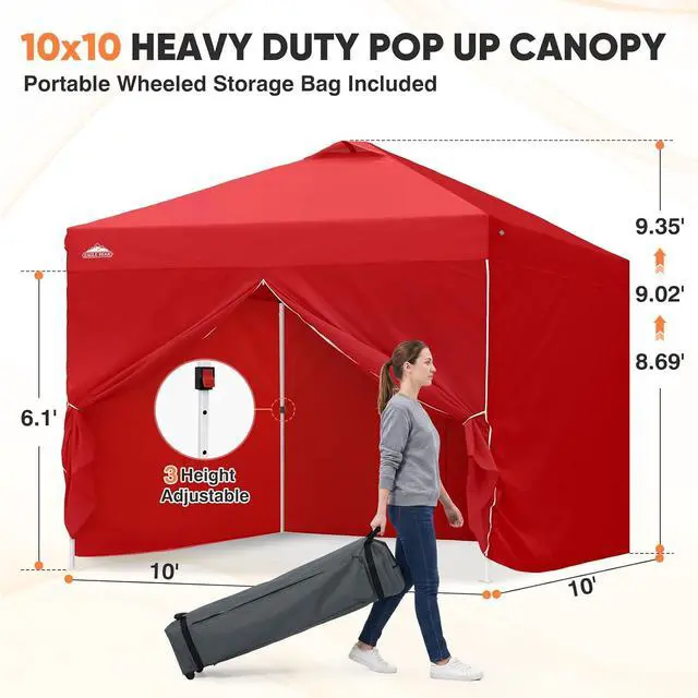 Alt view image 3 of 7 - 10x10 Commercial Pop Up Canopy Tent with 4 Sidewalls, Anti-Pooling Umbrella-Rib Roof, Easy 1-Person Setup, Vented Top, Wheeled Bag & Anchor Kit Markets, Festivals & Events, Red