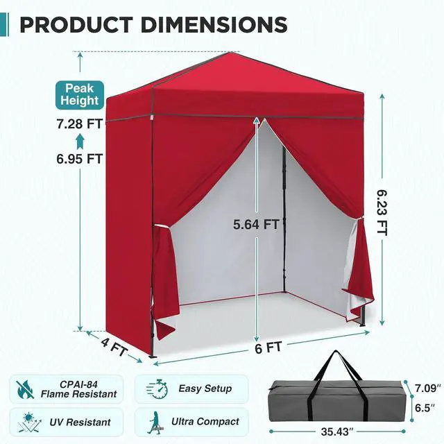Alt view image 3 of 7 - 6x4 Instant Pop Up Canopy Tent with 4 Side Wall Panels, Straight Leg Sun Shelter, Portable Canopy with Carry Bag for Camping, Beach & Sports, Red