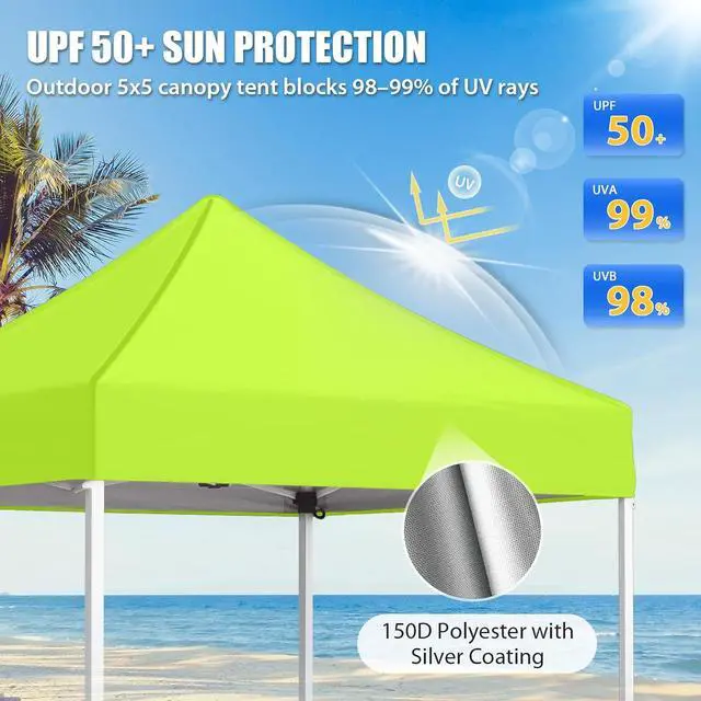 Alt view image 2 of 7 - 5x5 Pop Up Canopy Tent Instant Outdoor Canopy Easy Set-up Straight Leg Folding Shelter, Neon Green