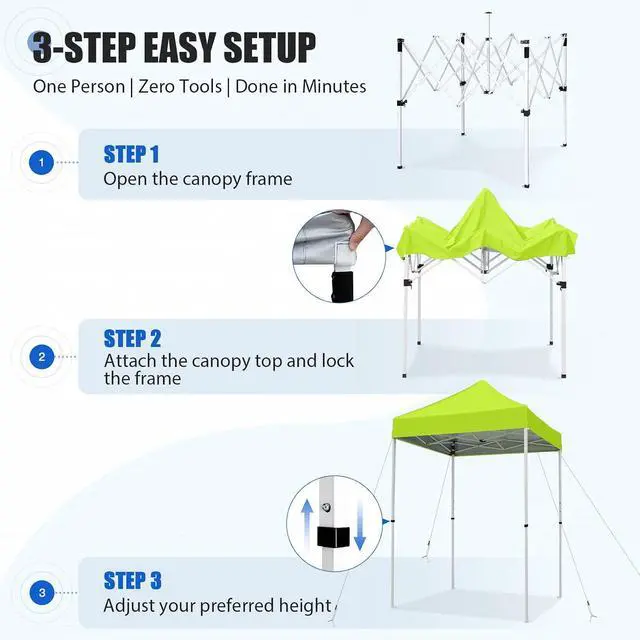 Alt view image 7 of 7 - 5x5 Pop Up Canopy Tent Instant Outdoor Canopy Easy Set-up Straight Leg Folding Shelter, Neon Green
