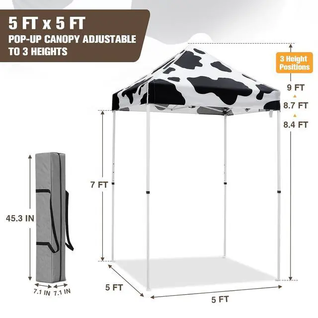 Alt view image 3 of 7 - 5x5 Pop Up Canopy Tent Instant Outdoor Canopy Easy Set-up Straight Leg Folding Shelter, Cow Print