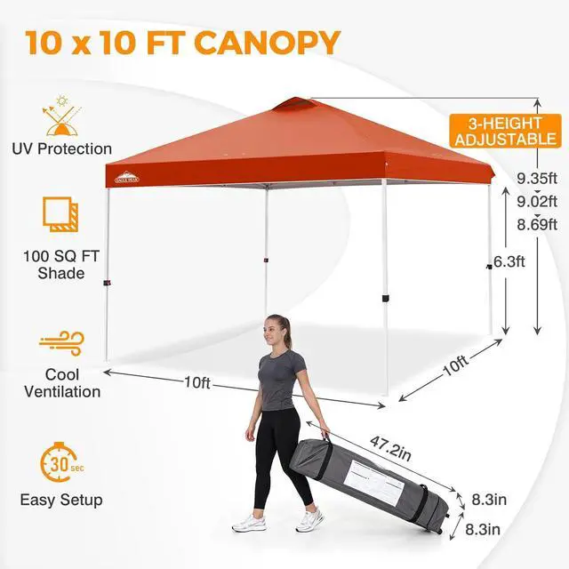 Alt view image 3 of 7 - Pop Up Canopy Tent with Wheeled Carry Bag, 8 Stakes, 4 Ropes, 4 Weight Bags, Easy Set Up Tent Canopy, 10x10 ft, 100sqft of Shade, Brick Red