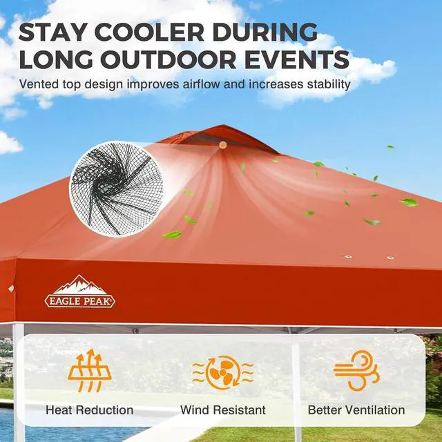 Alt view image 2 of 7 - Pop Up Canopy Tent with Wheeled Carry Bag, 8 Stakes, 4 Ropes, 4 Weight Bags, Easy Set Up Tent Canopy, 10x10 ft, 100sqft of Shade, Brick Red