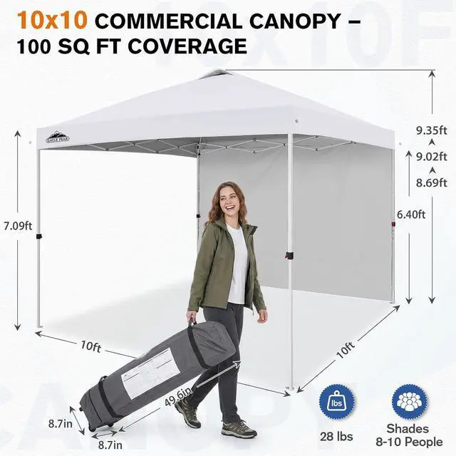 Alt view image 3 of 7 - Commercial Canopy 10x10 Pop Up Canopy Tent with 1 Sidewall, Easy Setup Heavy Duty Instant Event Shelter for Vendors & Markets, Outdoor Sun Shade, White