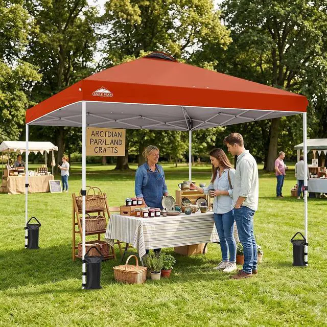 Alt view image 5 of 7 - Pop Up Canopy Tent with Wheeled Carry Bag, 8 Stakes, 4 Ropes, 4 Weight Bags, Easy Set Up Tent Canopy, 10x10 ft, 100sqft of Shade, Brick Red