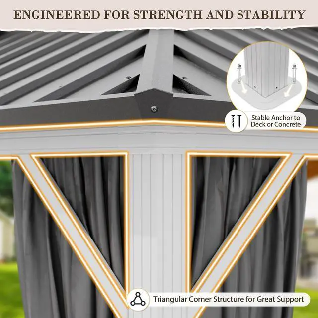 Alt view image 6 of 7 - 12x14 Hardtop Gazebo, Galvanized Steel Double Roof with Aluminum Frame, Outdoor Pavilion with Netting and Curtains for Patio, Deck, Lawn and Garden, White/Gray