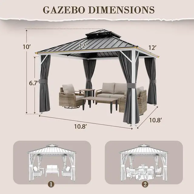 Alt view image 3 of 7 - 12x12 Hardtop Gazebo, Galvanized Steel Double Roof with Aluminum Frame, Outdoor Pavilion with Netting and Curtains for Patio, Deck, Lawn and Garden, White/Gray