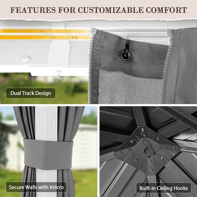 Alt view image 4 of 7 - 12x12 Hardtop Gazebo, Galvanized Steel Double Roof with Aluminum Frame, Outdoor Pavilion with Netting and Curtains for Patio, Deck, Lawn and Garden, White/Gray