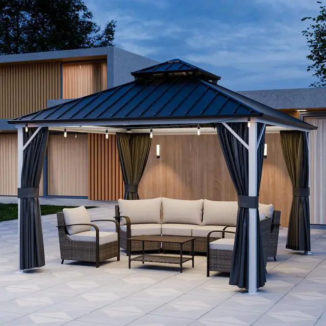 Alt view image 5 of 7 - 12x12 Hardtop Gazebo, Galvanized Steel Double Roof with Aluminum Frame, Outdoor Pavilion with Netting and Curtains for Patio, Deck, Lawn and Garden, White/Gray