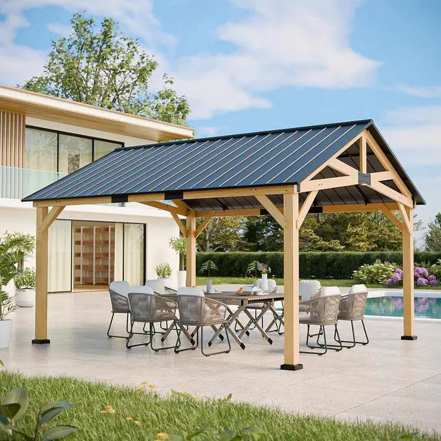 Main image of 13x15 Hardtop Gazebo, Exposed Beam Rustic Gazebo, Galvanized Steel Gable Roof with Cedar Wood Frame, Outdoor Pavilion for Patio, Deck, Lawn and Garden Natural Wood/Black
