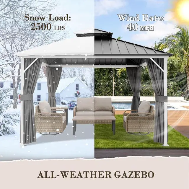 Alt view image 7 of 7 - 12x12 Hardtop Gazebo, Galvanized Steel Double Roof with Aluminum Frame, Outdoor Pavilion with Netting and Curtains for Patio, Deck, Lawn and Garden, White/Gray