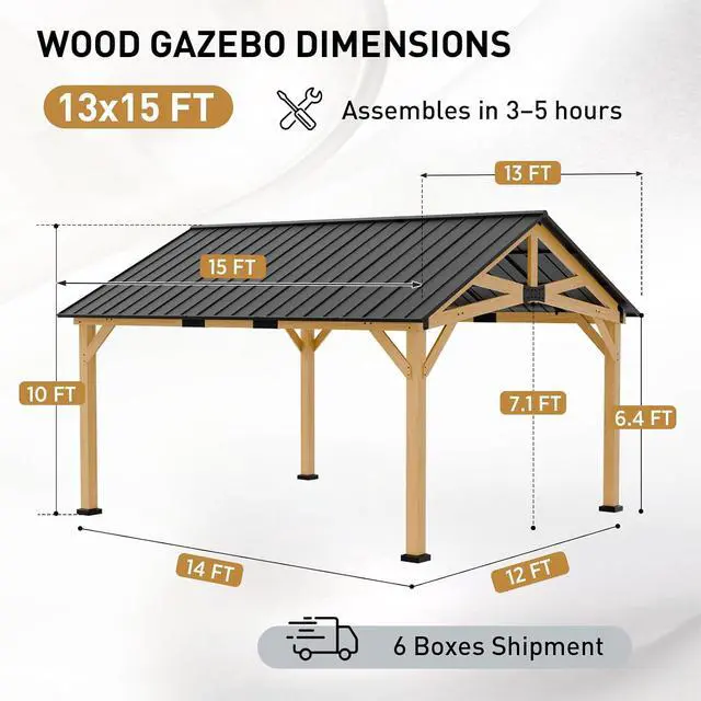 Alt view image 3 of 7 - 13x15 Hardtop Gazebo, Exposed Beam Rustic Gazebo, Galvanized Steel Gable Roof with Cedar Wood Frame, Outdoor Pavilion for Patio, Deck, Lawn and Garden Natural Wood/Black