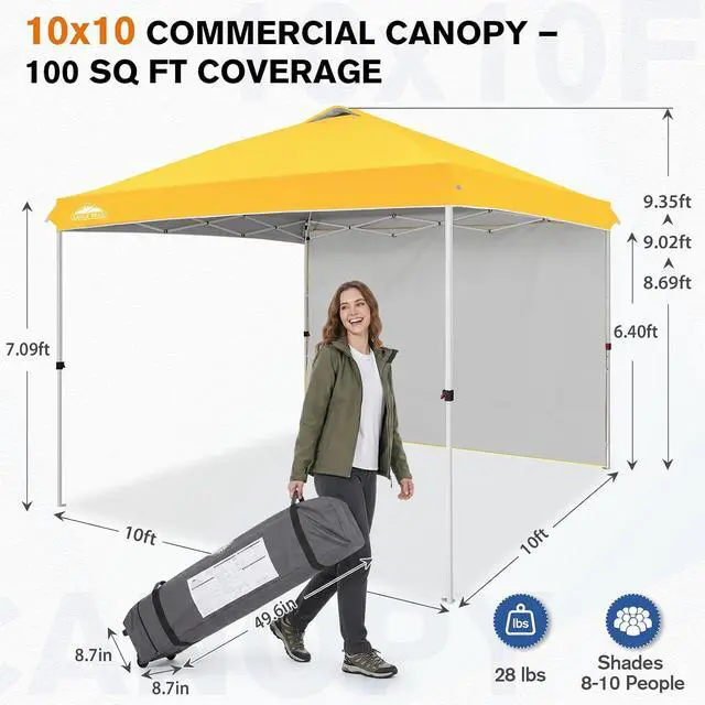 Alt view image 3 of 7 - Commercial Canopy 10x10 Pop Up Canopy Tent with 1 Sidewall, Easy Setup Heavy Duty Instant Event Shelter for Vendors & Markets, Outdoor Sun Shade, Yellow