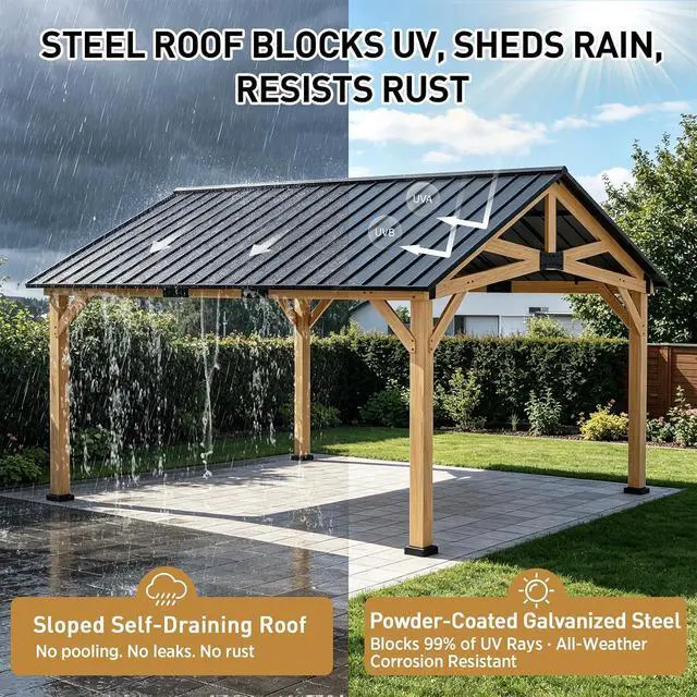 Alt view image 4 of 7 - 13x15 Hardtop Gazebo, Exposed Beam Rustic Gazebo, Galvanized Steel Gable Roof with Cedar Wood Frame, Outdoor Pavilion for Patio, Deck, Lawn and Garden Natural Wood/Black