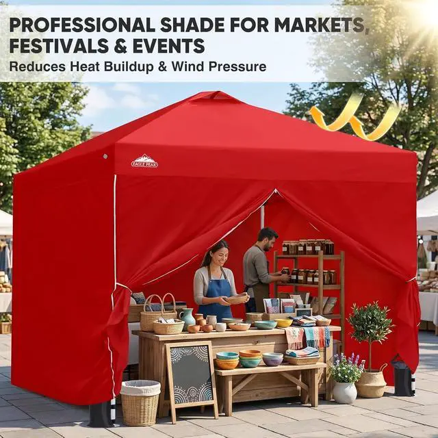 Alt view image 4 of 7 - 10x10 Commercial Pop Up Canopy Tent with 4 Sidewalls, Anti-Pooling Umbrella-Rib Roof, Easy 1-Person Setup, Vented Top, Wheeled Bag & Anchor Kit Markets, Festivals & Events, Red