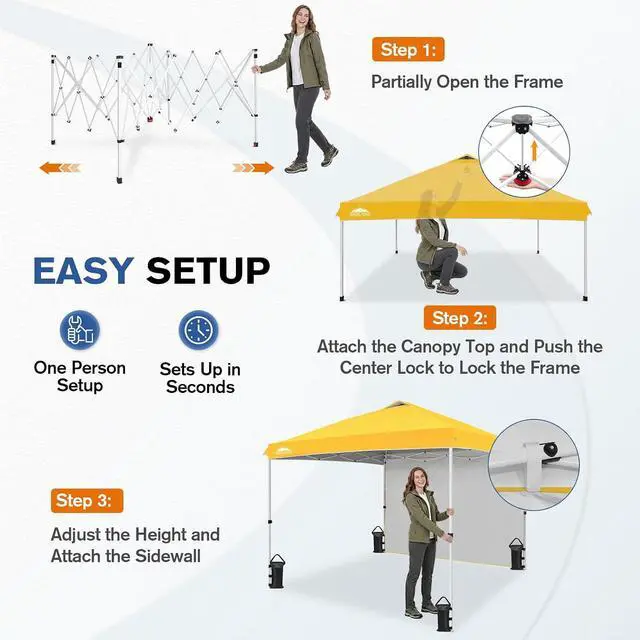 Alt view image 6 of 7 - Commercial Canopy 10x10 Pop Up Canopy Tent with 1 Sidewall, Easy Setup Heavy Duty Instant Event Shelter for Vendors & Markets, Outdoor Sun Shade, Yellow