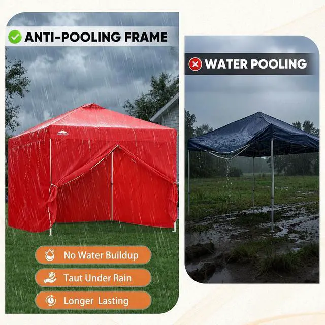 Alt view image 6 of 7 - 10x10 Commercial Pop Up Canopy Tent with 4 Sidewalls, Anti-Pooling Umbrella-Rib Roof, Easy 1-Person Setup, Vented Top, Wheeled Bag & Anchor Kit Markets, Festivals & Events, Red