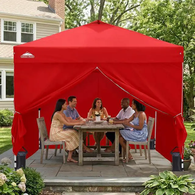 Alt view image 7 of 7 - 10x10 Commercial Pop Up Canopy Tent with 4 Sidewalls, Anti-Pooling Umbrella-Rib Roof, Easy 1-Person Setup, Vented Top, Wheeled Bag & Anchor Kit Markets, Festivals & Events, Red