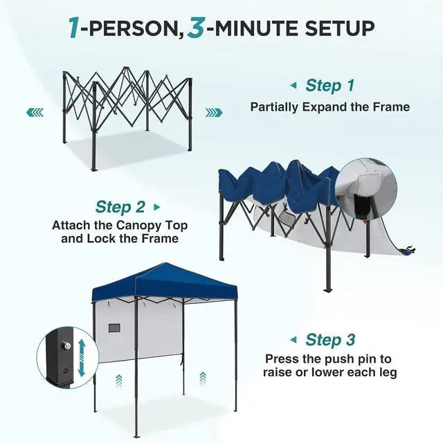 Alt view image 2 of 7 - 6x4 Instant Pop Up Canopy Tent with 1 Half Wall Panel, Straight Leg Sun Shelter, Portable Canopy with Carry Bag for Camping, Beach & Sports, Dark Blue