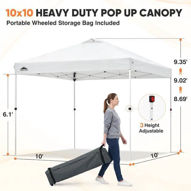 Alt view image 3 of 7 - 10x10 Commercial Pop Up Canopy Tent, Easy 1-Person Setup, White | Anti-Pooling Umbrella-Rib Roof, Vented Top, Wheeled Bag & Anchor Kit