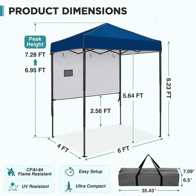 Alt view image 3 of 7 - 6x4 Instant Pop Up Canopy Tent with 1 Half Wall Panel, Straight Leg Sun Shelter, Portable Canopy with Carry Bag for Camping, Beach & Sports, Dark Blue
