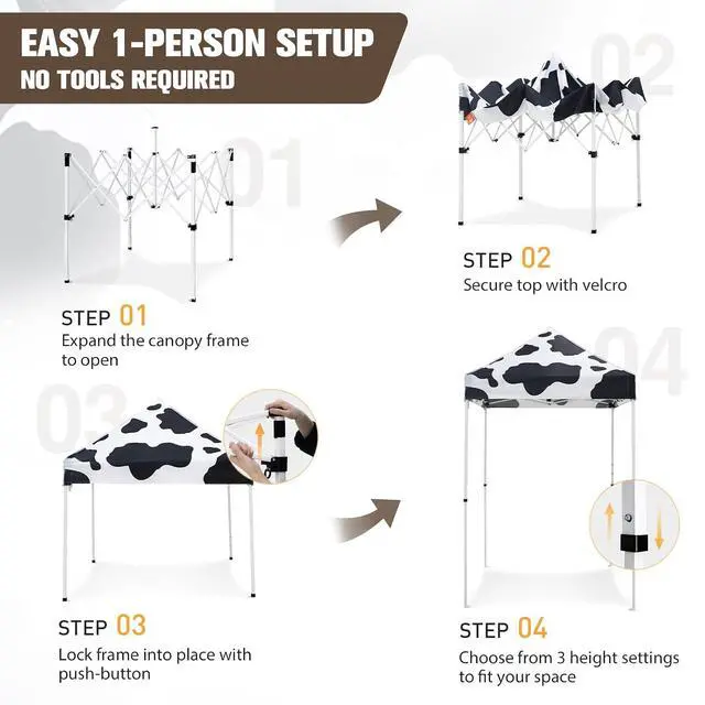 Alt view image 4 of 7 - 5x5 Pop Up Canopy Tent Instant Outdoor Canopy Easy Set-up Straight Leg Folding Shelter, Cow Print