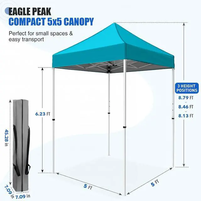 Alt view image 3 of 7 - 5x5 Pop Up Canopy Tent Instant Outdoor Canopy Easy Set-up Straight Leg Folding Shelter, Turquoise