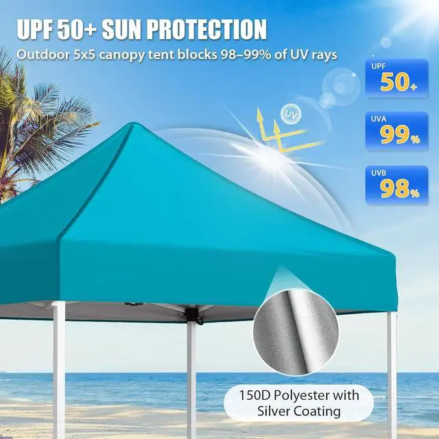 Alt view image 2 of 7 - 5x5 Pop Up Canopy Tent Instant Outdoor Canopy Easy Set-up Straight Leg Folding Shelter, Turquoise