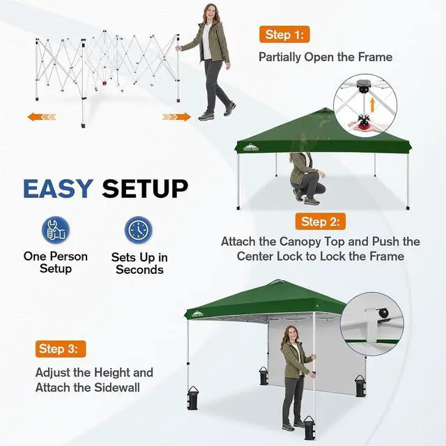 Alt view image 6 of 7 - Commercial Canopy 10x10 Pop Up Canopy Tent with 1 Sidewall, Easy Setup Heavy Duty Instant Event Shelter for Vendors & Markets, Outdoor Sun Shade, Green