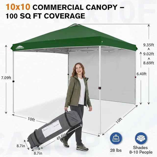 Alt view image 3 of 7 - Commercial Canopy 10x10 Pop Up Canopy Tent with 1 Sidewall, Easy Setup Heavy Duty Instant Event Shelter for Vendors & Markets, Outdoor Sun Shade, Green