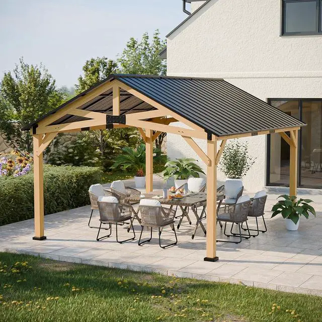 Alt view image 5 of 7 - 13x15 Hardtop Gazebo, Exposed Beam Rustic Gazebo, Galvanized Steel Gable Roof with Cedar Wood Frame, Outdoor Pavilion for Patio, Deck, Lawn and Garden Natural Wood/Black